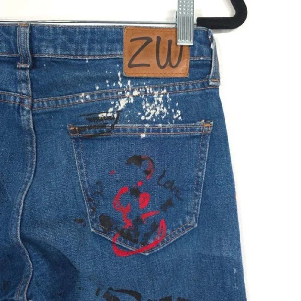 ZARA WOMAN DENIM PREMIUM COLLECTION Graffiti Size 2 RARE Blue Jeans 9863/265‎